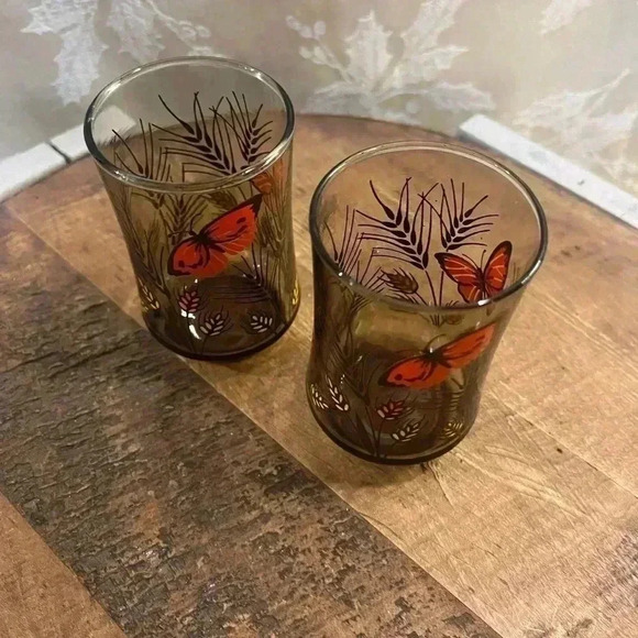 2 Libbey Juice  Glass Monarch Butterfly Wheat Pattern Amber Brown Vintage - Picture 2 of 5